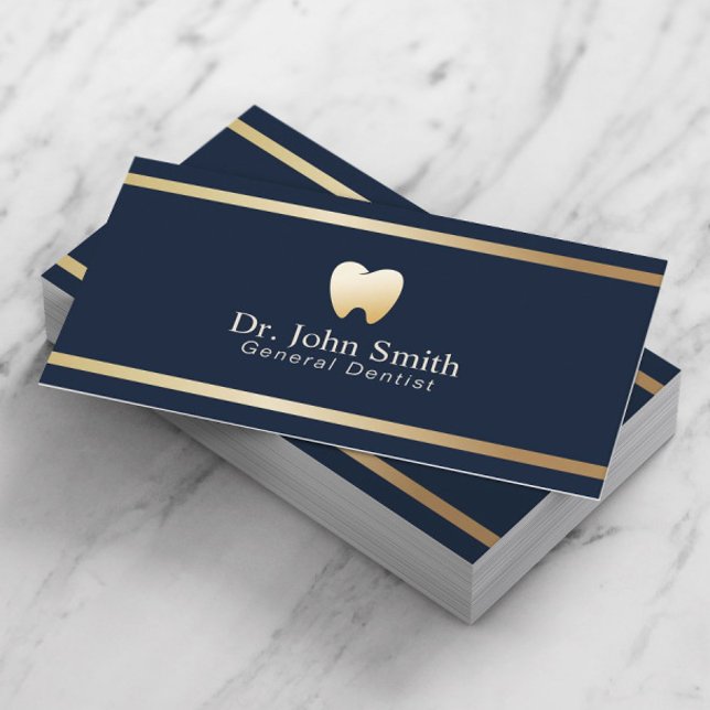 Carte De Visite Dentiste moderne Gold Stripe Marine Blue Dental Of (Créateur téléchargé)