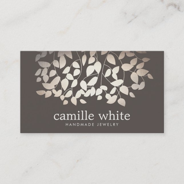 Carte De Visite Design de bijoux Faux Gold Foil Feuille Taupe (Devant)