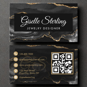Carte De Visite Design de bijoux QR Code Black Gold Agate Luxe