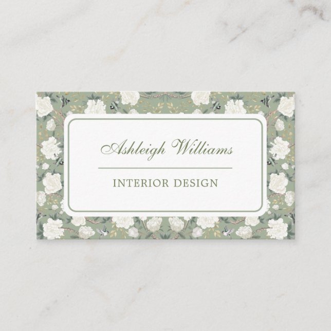 Carte De Visite Design d'intérieur de fleurs Chic Sage Green Chino (Devant)