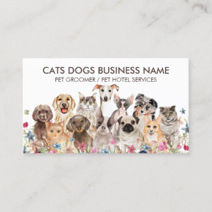 Carte De Visite Design floral blanc avec chiens chats
