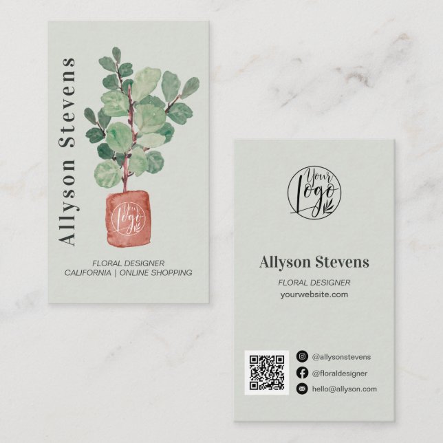 Carte De Visite Design floral moderne plante fig logo qr code (Devant / Derrière)
