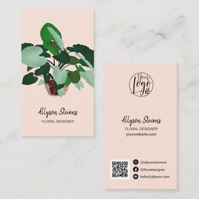 Carte De Visite Design floral moderne plante rose logo qr code (Devant / Derrière)