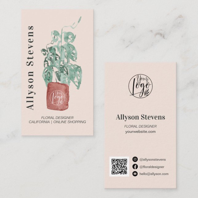 Carte De Visite Design floral moderne plante rose logo qr code (Devant / Derrière)