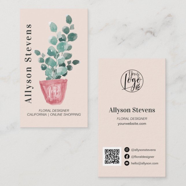 Carte De Visite Design floral moderne plante rose logo qr code (Devant / Derrière)