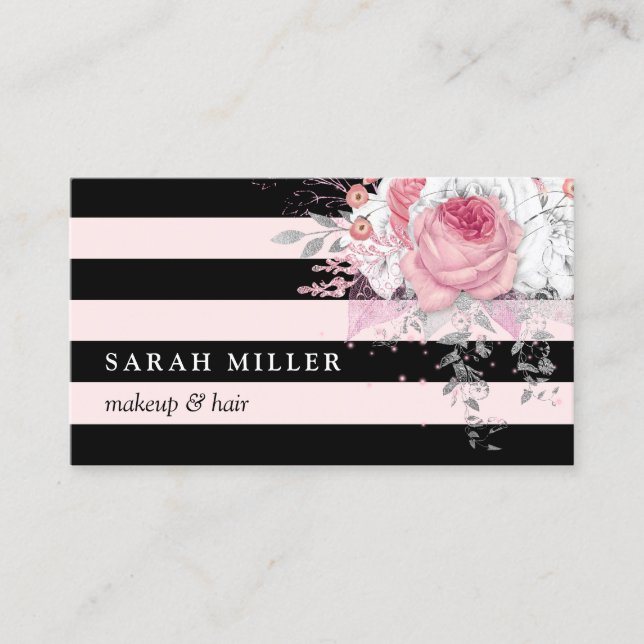 Carte De Visite Design floral noir rayures blanches maquillage & c (Devant)