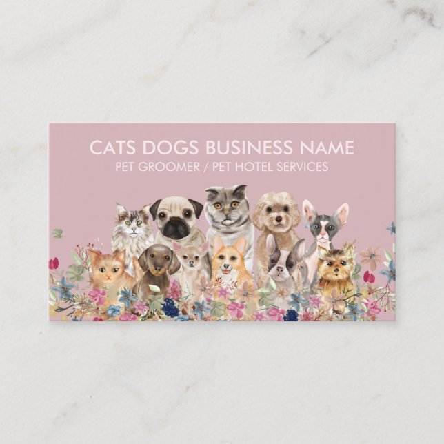 Carte De Visite Design floral rose avec Chiens de chats (Devant)