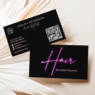 Carte De Visite Design glam violet néon cheveux script logo qr cod
