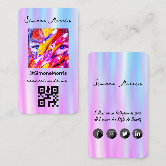 Carte De Visite Design holographiquePhotographie Social Media QR C (Devant / Derrière)