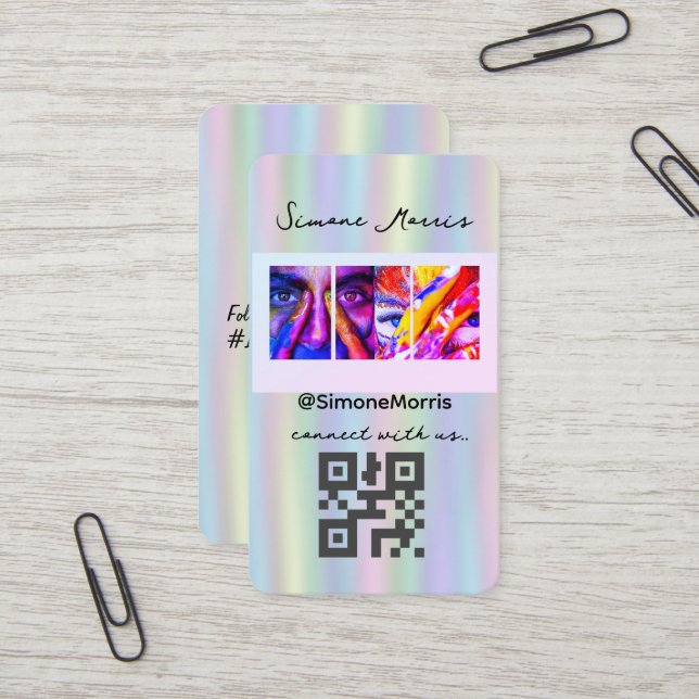 Carte De Visite Design holographiquePhotographie Social Media QR C (Devant/Arrière en situation)