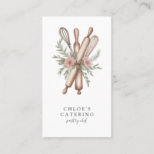 Carte De Visite Dessert Caterer Pâtisserie Chef Ustensiles floraux (Devant)
