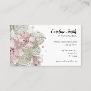 Carte De Visite Dessin simple, Rose aquarelle et fleurs vertes