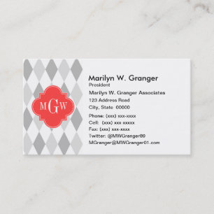 Carte De Visite Deux Gray Wht Harlequin Coral 3 Initial Monogram