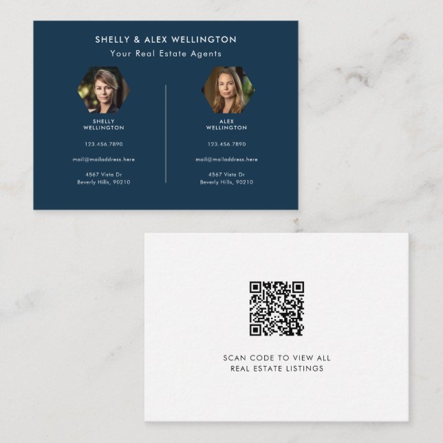 Carte De Visite Deux personnes Bleu personnalisé QR Code photo Imm (Devant / Derrière)