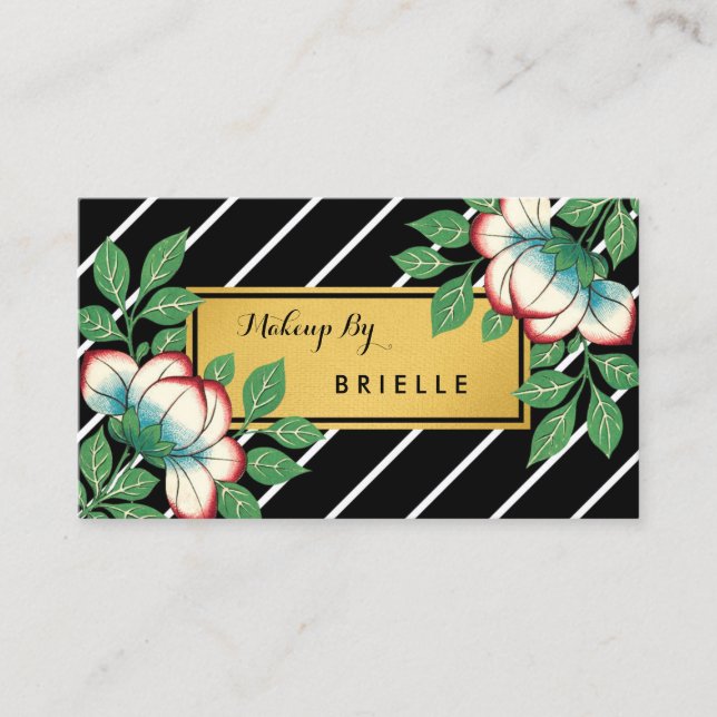 Carte De Visite Diagonal Stripes Floral Faux Gold Maquillage Artis (Devant)