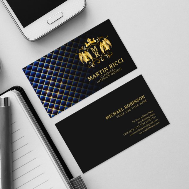 Carte De Visite Diamant bleu Motif Angel Crest | Noir luxueux (Créateur téléchargé)