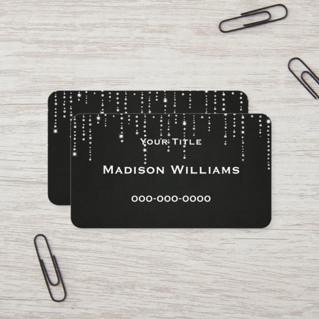 Carte De Visite diamant bling sur cuir noir (Devant/Arrière en situation)