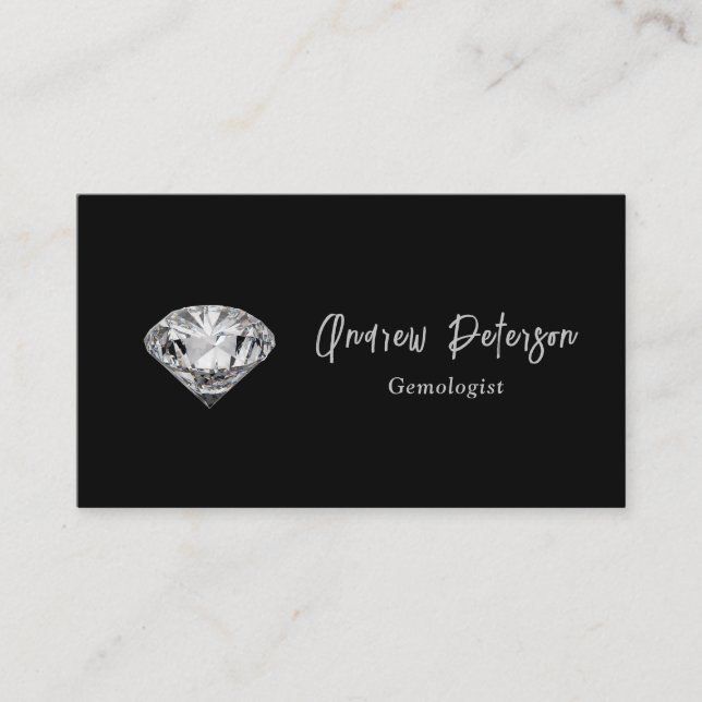 Carte De Visite Diamant sur arrière - plan noir avec script argent (Devant)