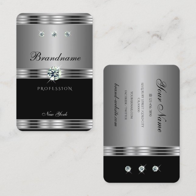 Carte De Visite Diamants brillants argentés noirs brillants (Devant / Derrière)