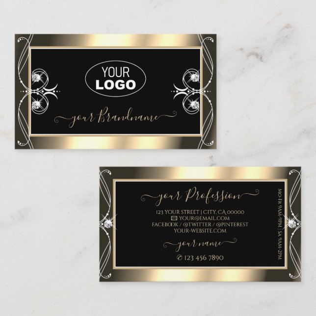 Carte De Visite Diamants brillants d'or noir luxueux avec logo (Devant / Derrière)
