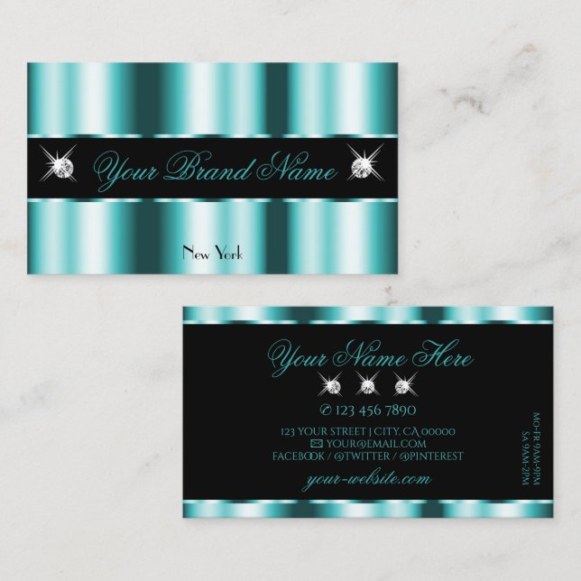 Carte De Visite Diamants brillants Turquoises et noirs brillants (Devant / Derrière)