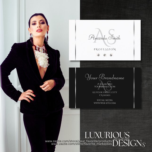 Carte De Visite Diamants chatoyants blancs et noirs modernes Initi (Créateur téléchargé)