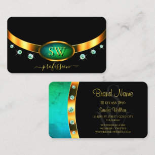 Carte De Visite Diamants de Monogramme Turquoise en marbre noir br