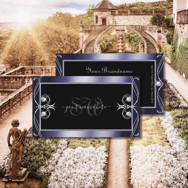 Carte De Visite Diamants d'étincelle noir orné de luxe Initiales (Créateur téléchargé)