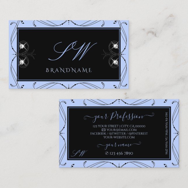 Carte De Visite Diamants étincelants bleu-noir ornementaux Initial (Devant / Derrière)