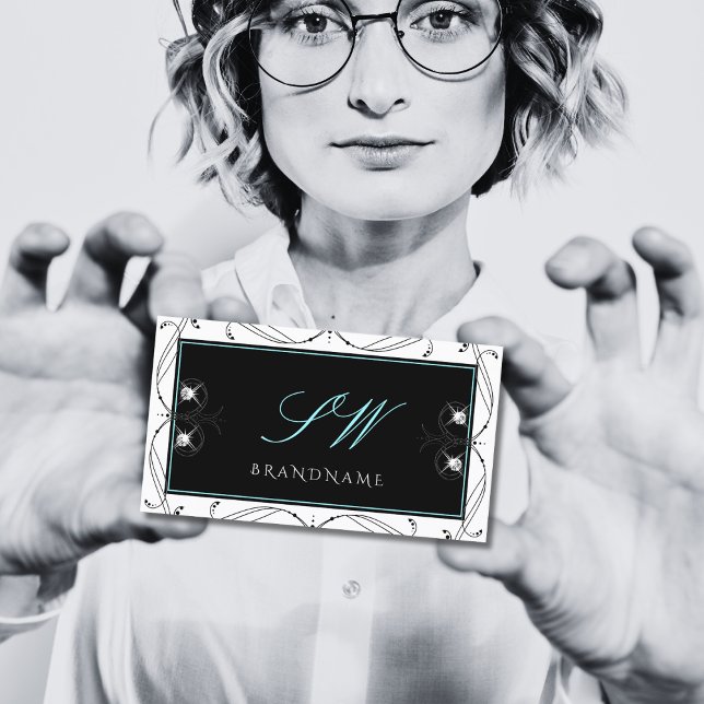 Carte De Visite Diamants étincelants noirs blancs ornementaux Init (Créateur téléchargé)