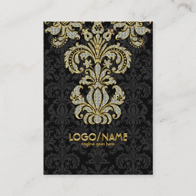 Carte De Visite Diamants Noir & Or Motif Floral Damas (Devant)