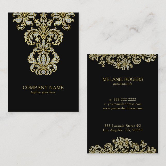 Carte De Visite Diamants & Or Floral Swirl Sur Noir (Devant / Derrière)