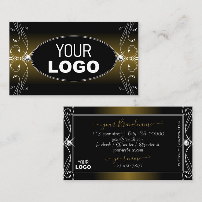 Carte De Visite Diamants ornés Brown d'or noir avec logo (Devant / Derrière)