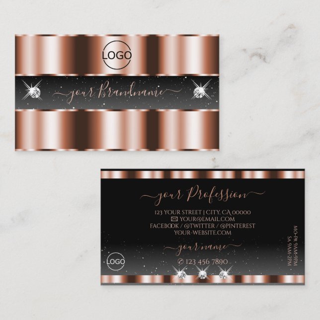 Carte De Visite Diamants Rose Gold Black Sparkling Ajouter un logo (Devant / Derrière)
