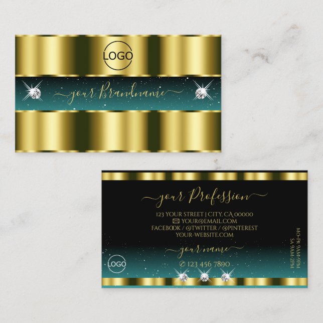 Carte De Visite Diamants Turquoises d'or noir de luxe Ajouter logo (Devant / Derrière)