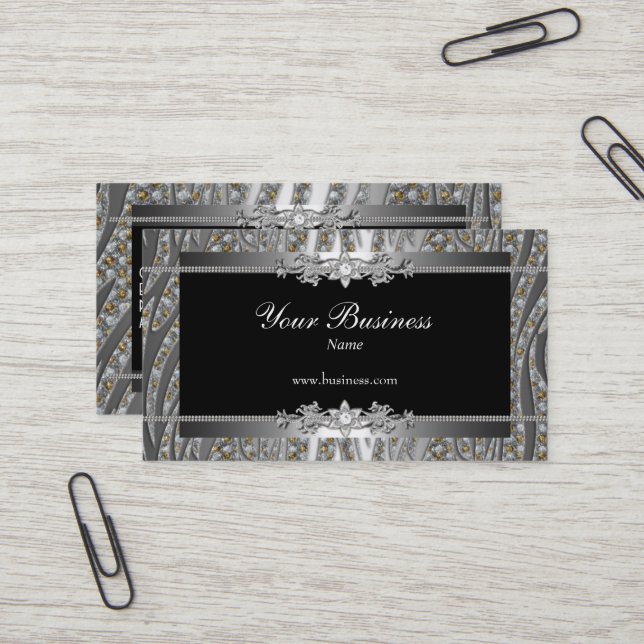 Carte De Visite Diamond Argent Noir Élégant Joyau Zèbre (Devant/Arrière en situation)