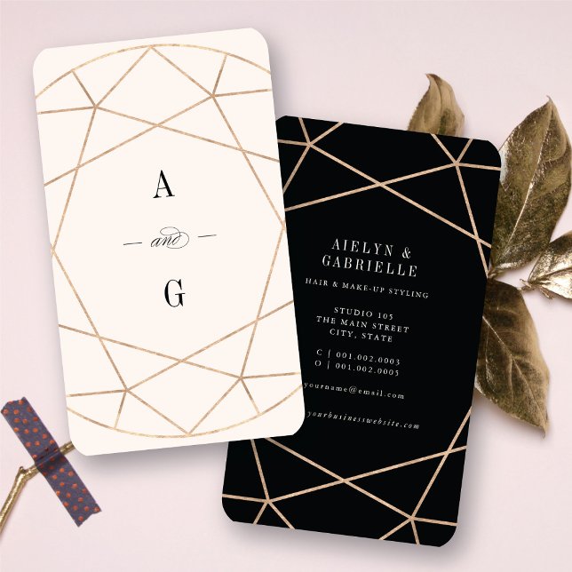 Carte De Visite Diamond Rose Gold Gemstone géométrique élégant (Double Monograms Diamond Rose Gold Gemstone Geometric Stylish Chic Business Card @ fatfatin)