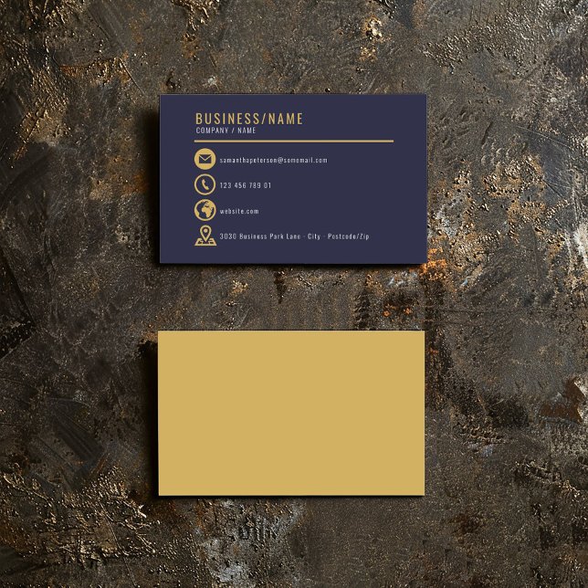 Carte de visite d'icônes or et bleu (Gold and blue icons business card on a clean blue background.)