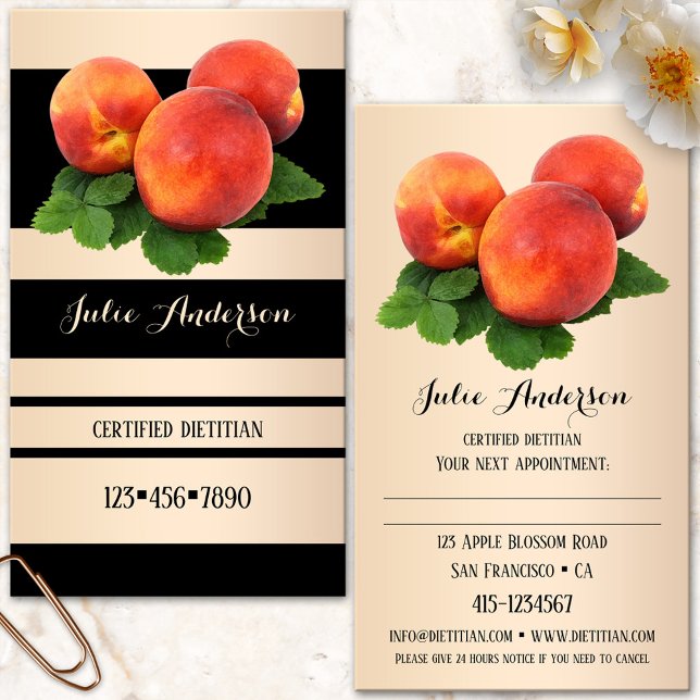 Carte de visite diététiste nutritionniste (Nutritionist business card featuring a striped design in black and light rose gold with peaches)
