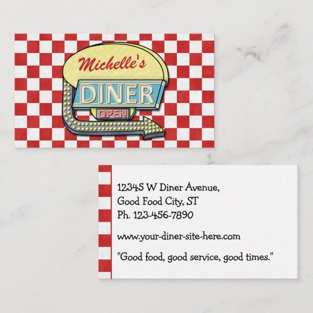 Carte De Visite Diner 85's Retro Signal rouge À damiers restaurant (Devant / Derrière)