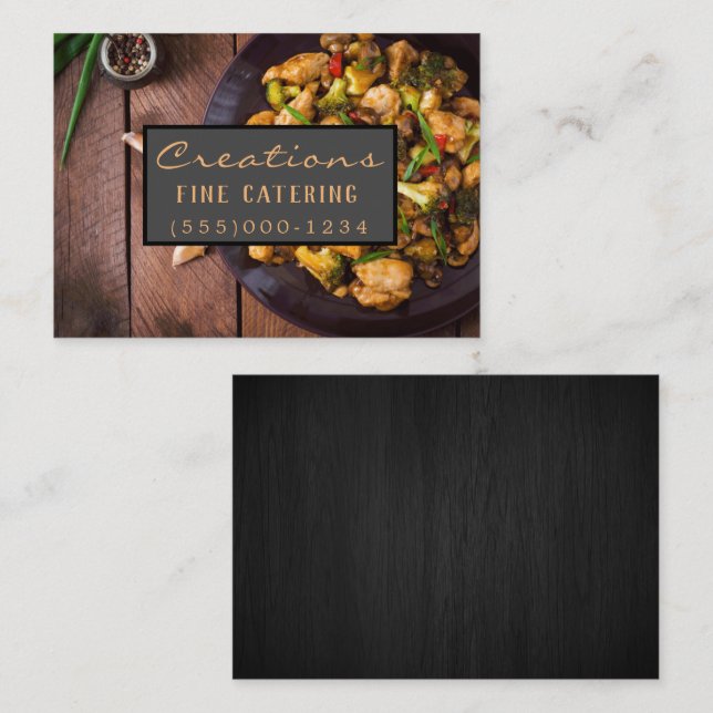 Carte De Visite Dîner Design Luxe Bois Plat Cuisine Chef Restaurat (Devant / Derrière)