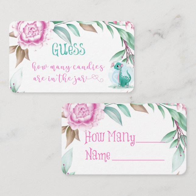 Carte De Visite Dinosaure Cute Peony Rose Combien De Candies Dans  (Devant / Derrière)