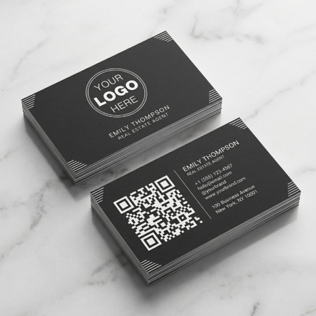 Carte De Visite Disposition de code QR Art Déco minimaliste noir (Modern Black Business Card Design with QR Code | Minimalist Branding)
