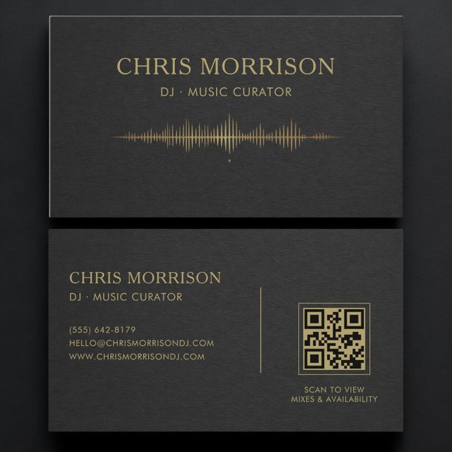Carte De Visite DJ Music Black Gold QR Code Professional (Créateur téléchargé)