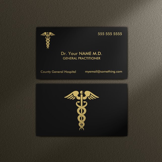 Carte De Visite Docteur Caduceus Noir et Or (Medical Doctor Business Cards)