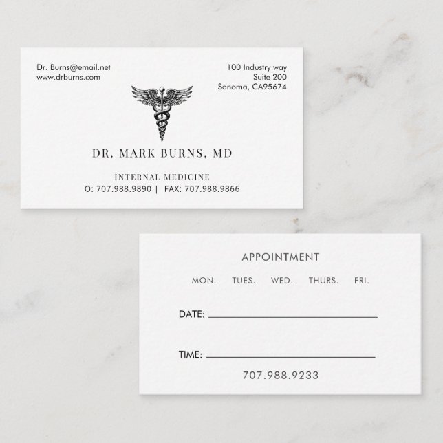 Carte De Visite Docteur Médecin Caduceus Affaires Et Nomination (Devant / Derrière)
