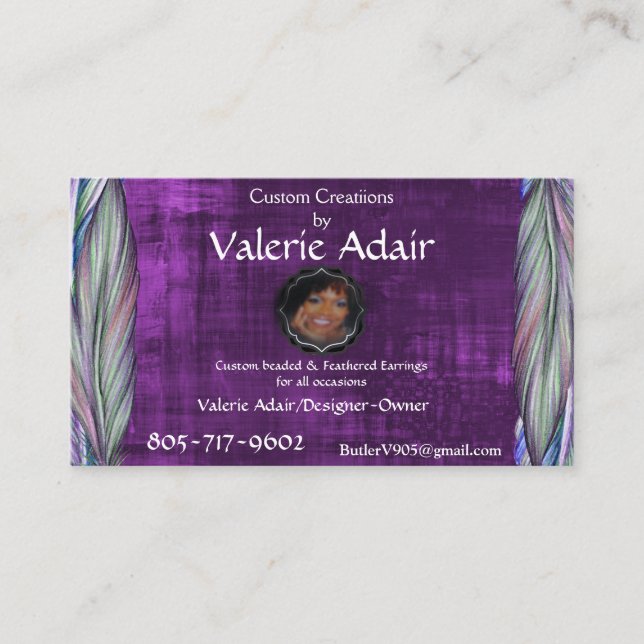Carte de visite d'oreilles en plume de Valerie (Devant)