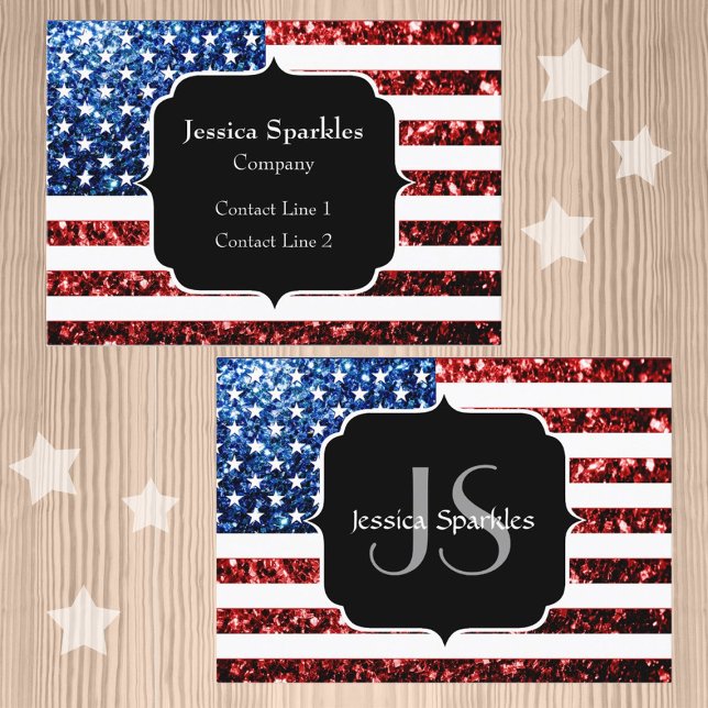 Carte De Visite Drapeau américain rouge et bleu étincelles parties (Customize patriotic USA flag red and blue faux sparkles glitters print Monogram Business Card)