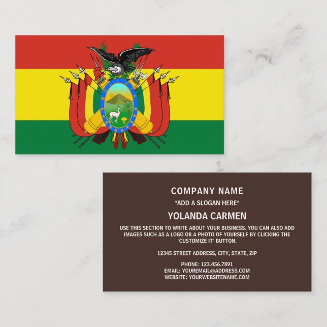Carte De Visite Drapeau bolivien et armoiries, Drapeau de la Boliv (Devant / Derrière)