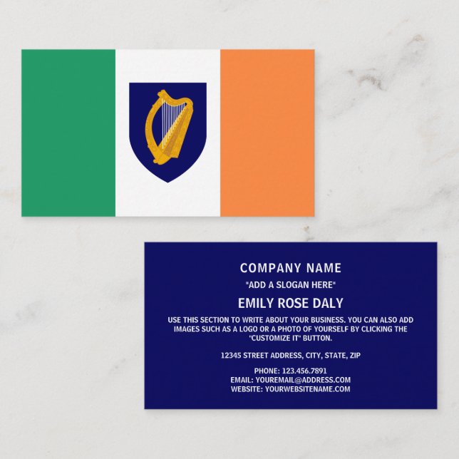 Carte De Visite Drapeau irlandais et armoiries, République d'Irlan (Devant / Derrière)